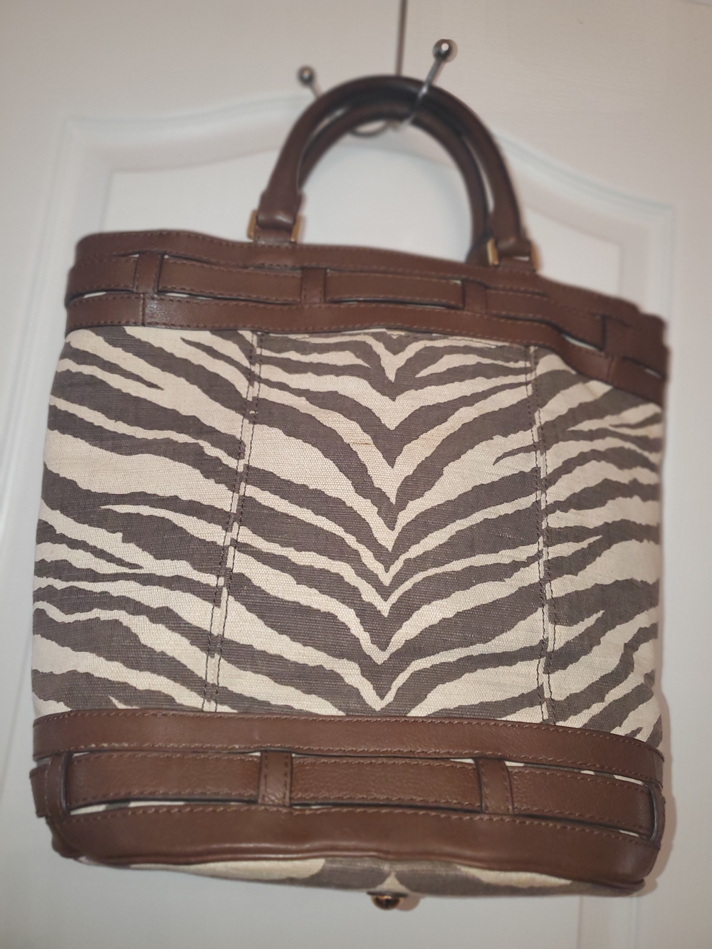 Michael Kors Brown and Cream Zebra-Print Canvas Tote with Leather Trim - Picture 8 of 16